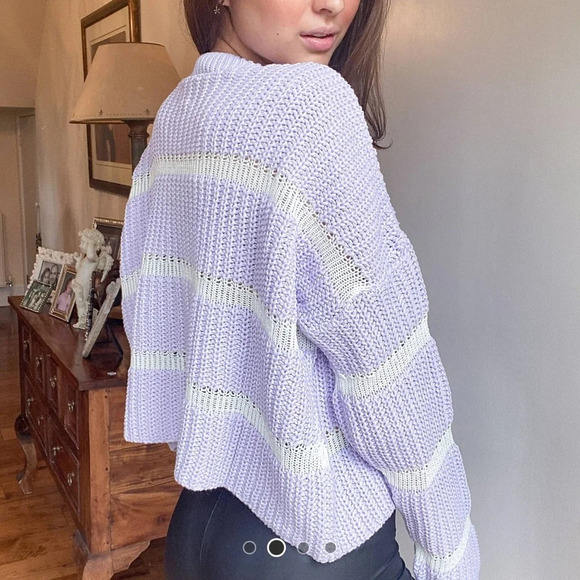 ASOS Striped Sweater Purple White Chunky Knit Small Cozy Crop Long Sleeve Casual - Picture 4 of 4